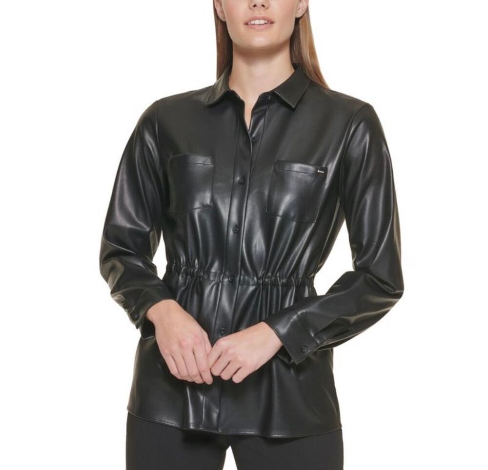 Calvin Klein Black Faux Leather Button Up Top XS Cinch Waist Moto Emo GOoth